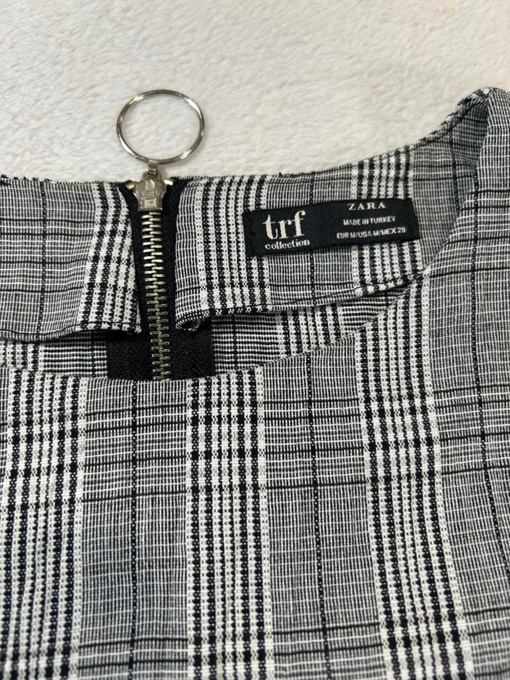 Zara TRF Plaid Balloon Sleeve Belted Blouse Top Black White Zipper Back Sz M